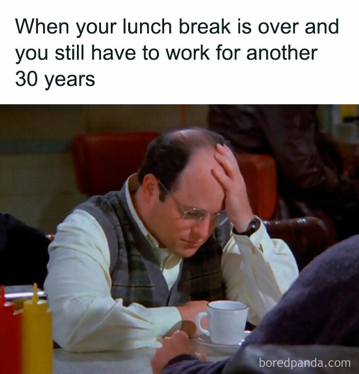 Man looking stressed at a diner table with a cup, illustrating a funny work week meme about the end of a lunch break.