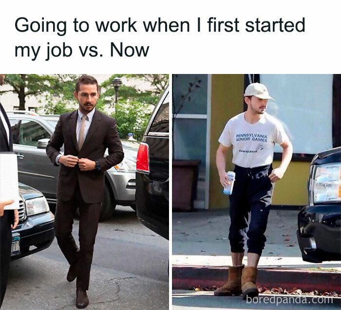 Man in a suit vs. casual outfit, illustrating work week meme humor.