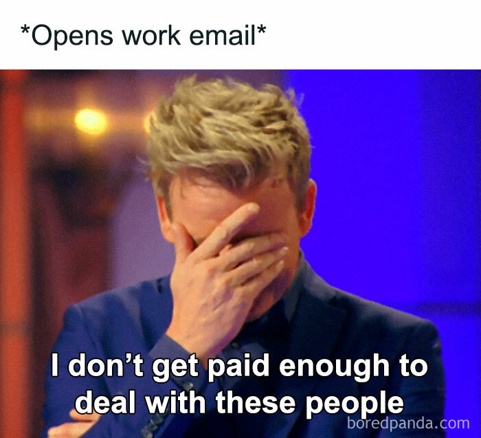 Man frustrated with work email, expressing the struggle of the work week, humorously covering his face with his hand.