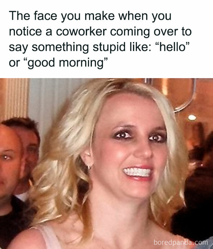 Woman making a funny face for a relatable work week meme about awkward coworker interactions.