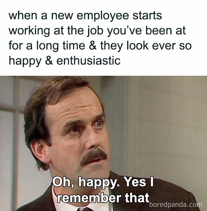 A man with a mustache looks up with text overlay about work week meme highlighting employee enthusiasm.