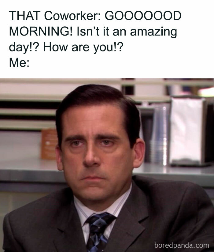 "Man with expressionless face sitting at desk in office, representing work week meme humor."