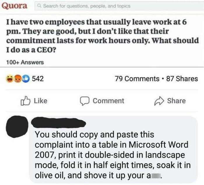 CEO gets sarcastic advice on Quora about employees leaving work on time, humorous work week meme highlighted.