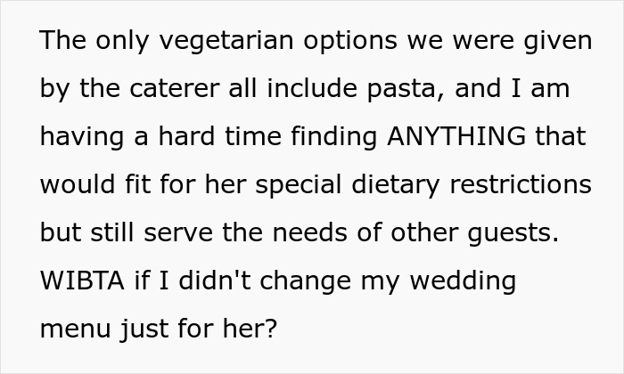 “He Told Us Lisa Will Be Mad”: Person Refuses To Adjust Their Wedding Menu To Satisfy Their Gluten-Free, Vegan Guest “He Told Us Lisa Will Be Mad”: Person Refuses To Adjust Their Wedding Menu To Satisfy Their Gluten-Free, Vegan Guest
