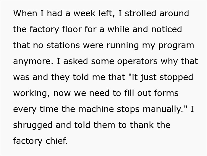 "The Factory Chief Laughed In My Face": Employee Takes Important System They Created With Them When They're Fired "The Factory Chief Laughed In My Face": Employee Takes Important System They Created With Them When They're Fired
