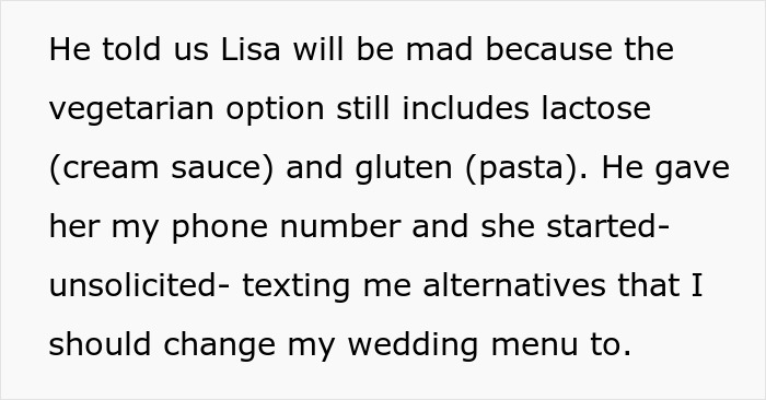 “He Told Us Lisa Will Be Mad”: Person Refuses To Adjust Their Wedding Menu To Satisfy Their Gluten-Free, Vegan Guest “He Told Us Lisa Will Be Mad”: Person Refuses To Adjust Their Wedding Menu To Satisfy Their Gluten-Free, Vegan Guest