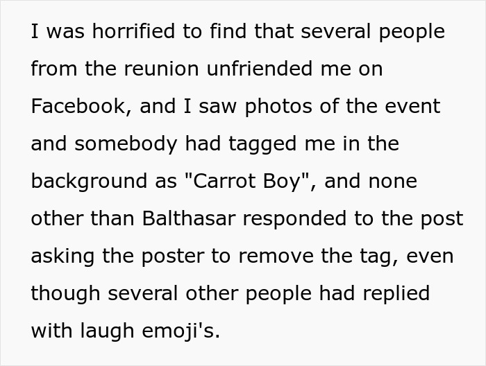 Person Shares How They Held A Grudge Against A Bully For Calling Them "Carrot Boy" Only To Embarrass Themself 29 Years Later At A Class Reunion
