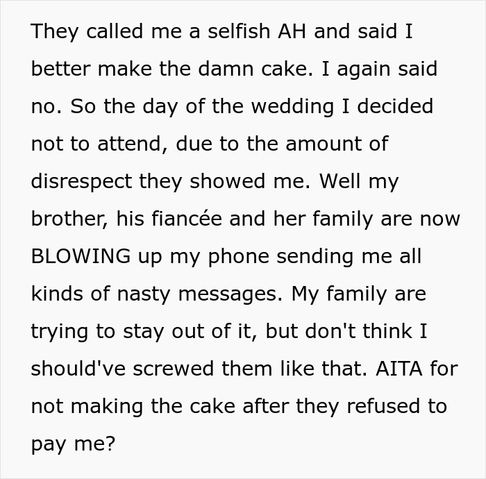 Brother Left Without Wedding Cake Because Sister Wouldn&rsquo;t Do It For Free After He Promised To Pay $400