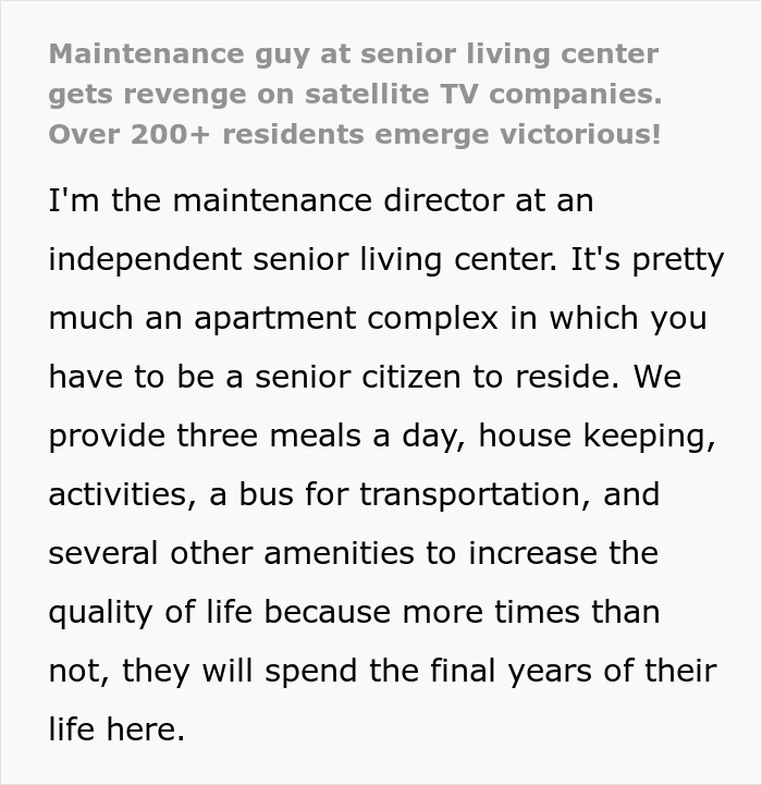 Maintenance Guy Can't Stand 200+ Elderly Residents Being Exploited By A Shameless TV Company, Makes Them Regret It Maintenance Guy Can't Stand 200+ Elderly Residents Being Exploited By A Shameless TV Company, Makes Them Regret It