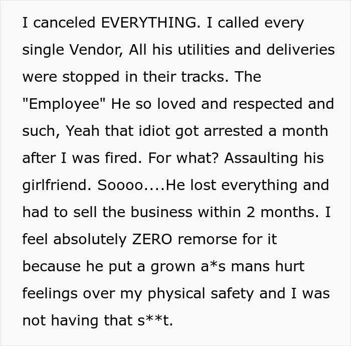 "I Feel Absolutely Zero Remorse": Boss Prioritizes 'Bro Code' With Sexist Employee Over Female Employee's Safety, So She Makes Him Lose Everything