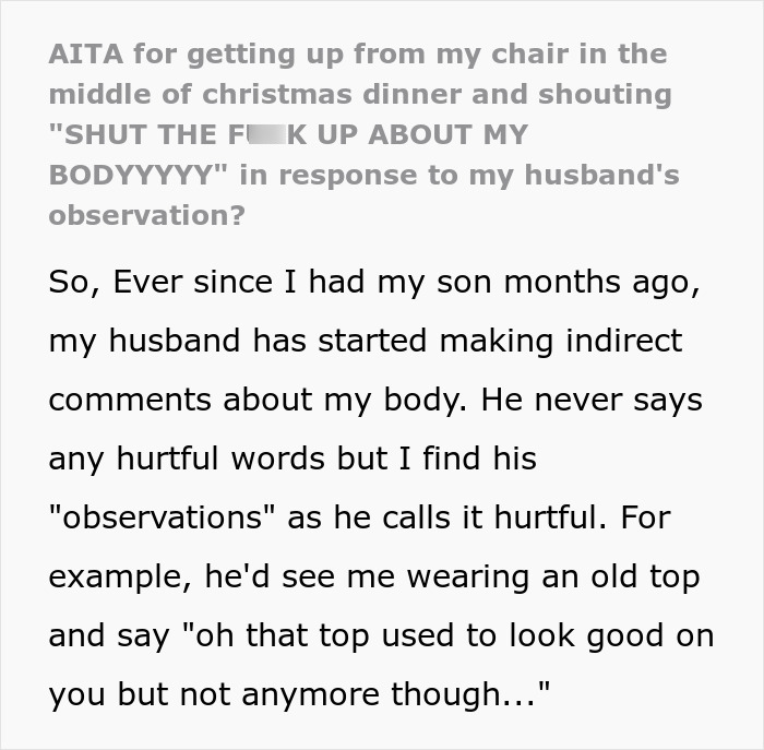 New Mom Is Sick Of Her Spouse Bodyshaming Her, Yells At Him In The Midst Of Family Christmas Gathering, Gets Called A Jerk