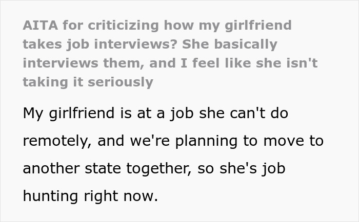Person Wonders If They&rsquo;re In The Wrong For Criticizing Girlfriend For How She Takes Job Interviews, Gets A Slice Of Honesty Pie Online