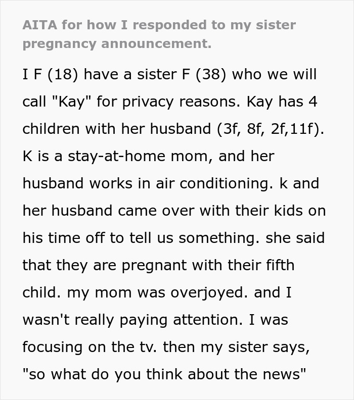 18 Y.O. Asks If She&rsquo;s Wrong For Not Acting Excited When Her Sister Announced Her Fifth Pregnancy