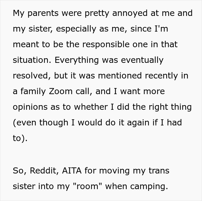 "[Am I The Jerk] For Moving My Trans Sister Into My 'Room' On Our Camping Holiday?"