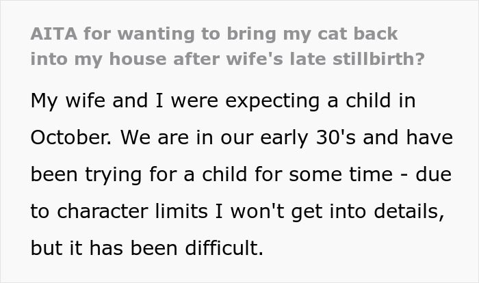 "Her Or The Cat": Man Asks For Advice After Wife Who Went Through Stillbirth Refuses To Allow His Beloved Pet Back In The House