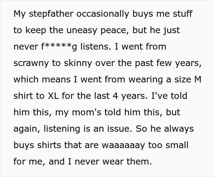 Man Complains Stepson Never Wears The Clothes He Buys Him Despite Him Saying They're Always Too Small, So Stepson Surprises Him On His Birthday Man Complains Stepson Never Wears The Clothes He Buys Him Despite Him Saying They're Always Too Small, So Stepson Surprises Him On His Birthday