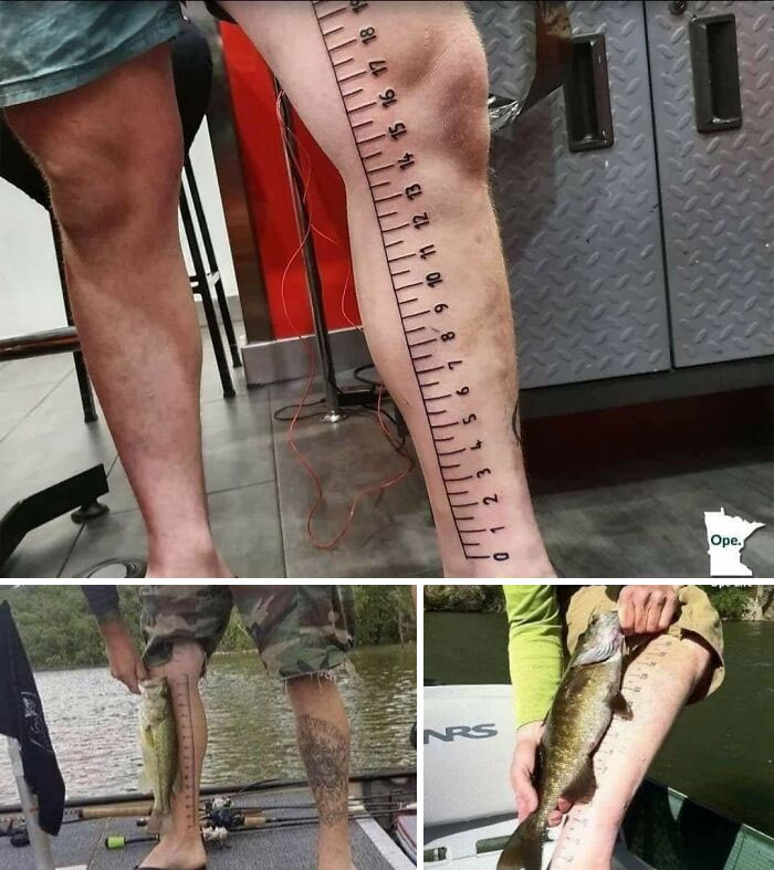 Tattoo with ruler design on leg used to measure fish, demonstrating quality tattoo work despite poor design choice.