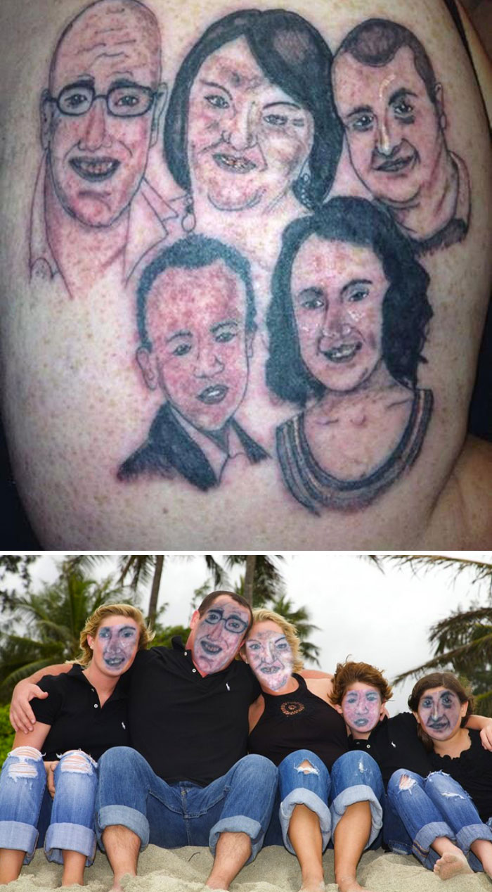 Terrible tattoo of five faces compared with original beach family photo, showcasing poor likeness and details.