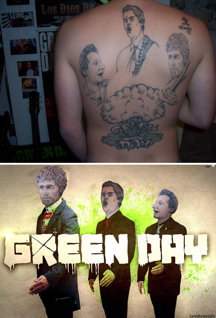 Terrible tattoo of a music band on a person's back compared to the original album art below.