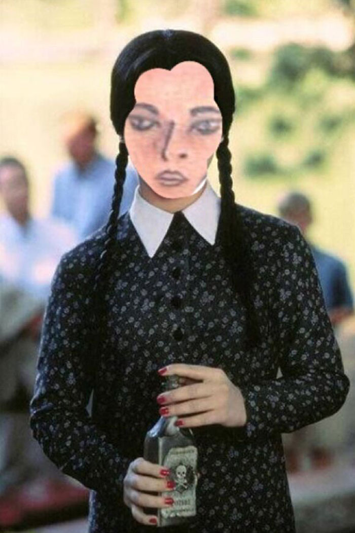 Terrible tattoo of a face on a character with braids, holding a bottle, showcasing bad tattoo art.