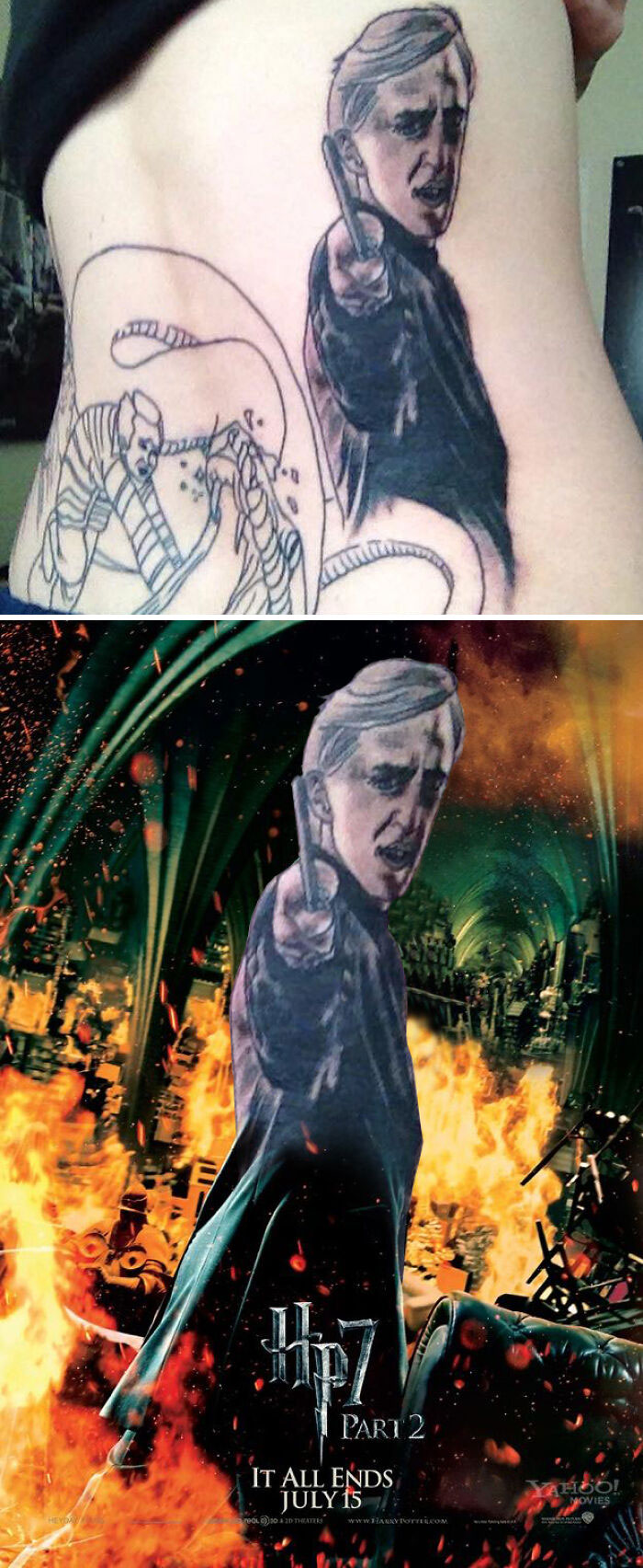 Terrible tattoo attempt compared to the original movie poster, showcasing a wand-wielding character.