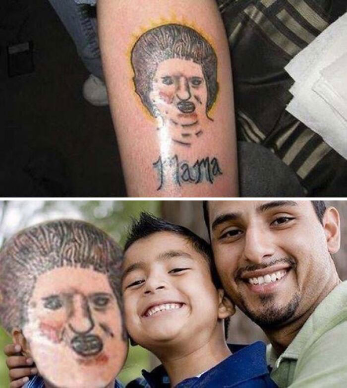 Terrible tattoo depicting a face with "Mama" caption compared to original family photo.