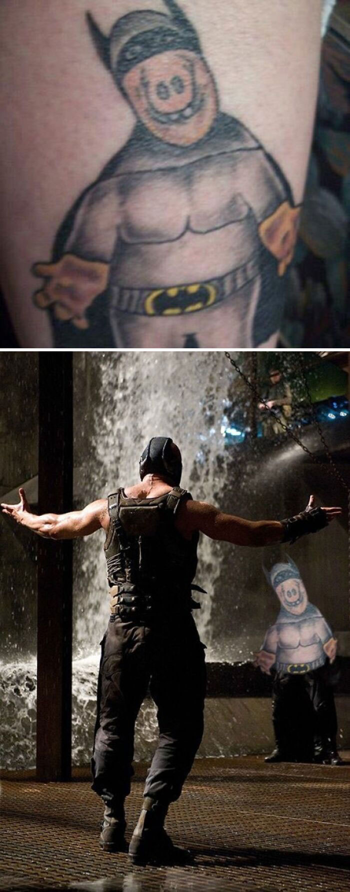 Terrible tattoo of a superhero with a pig face compared to an iconic movie scene.