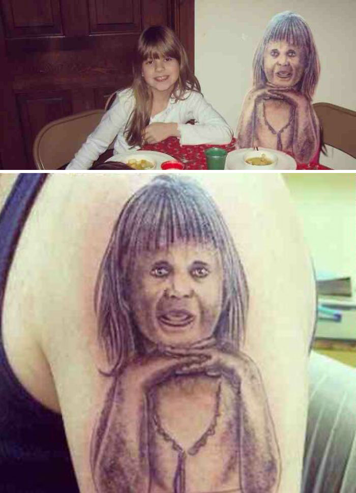 Child's photo and a poorly done tattoo version, highlighting a tattoo comparison.