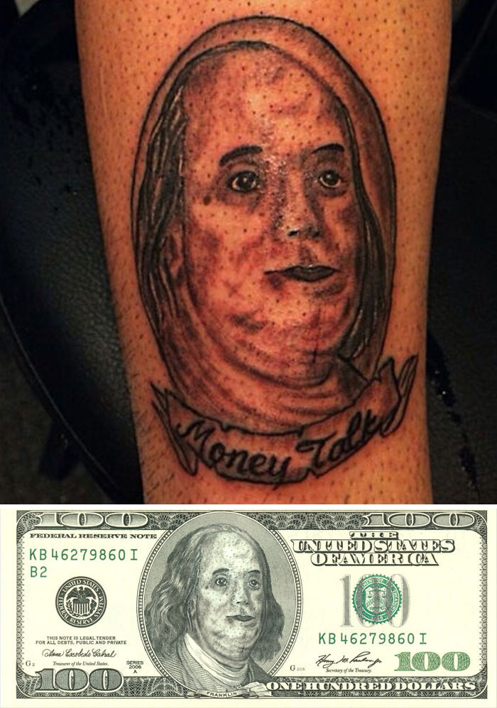 Terrible tattoo of Benjamin Franklin compared to the original image on a hundred dollar bill.