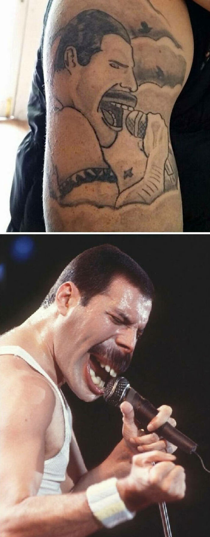 Terrible tattoo of a singer on arm compared to original performance photo, highlighting the differences.