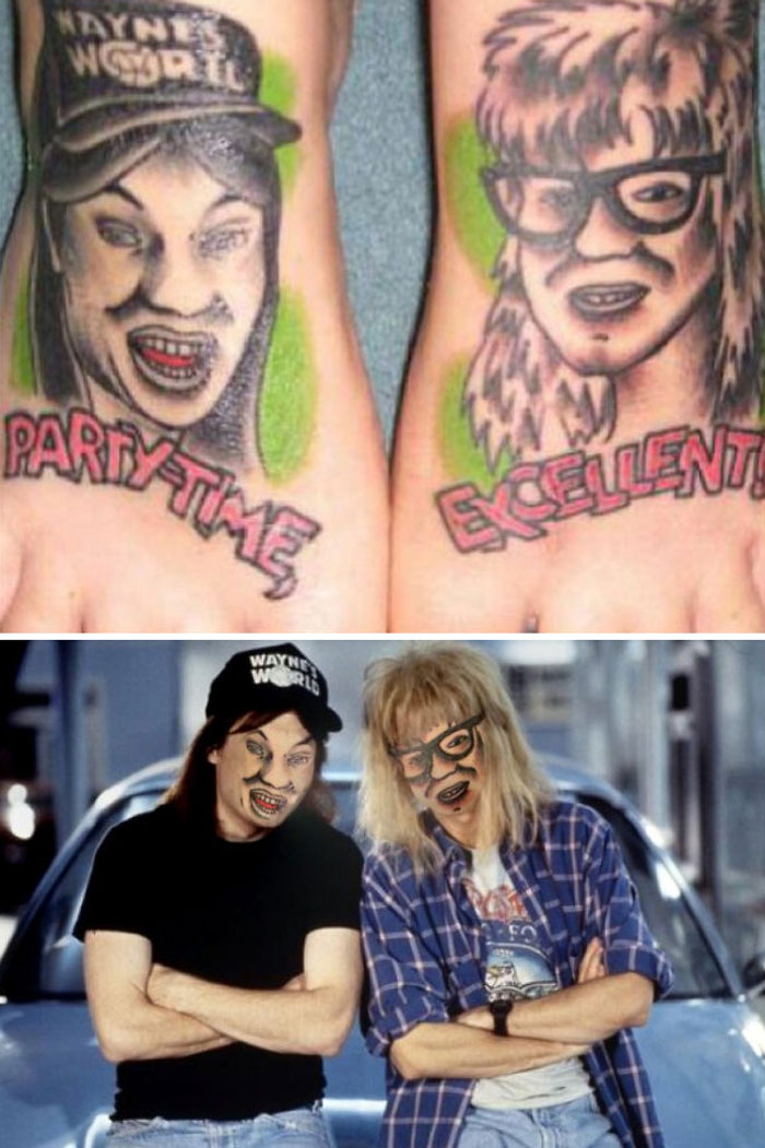 Terrible tattoos of two characters compared to their original iconic movie scene.
