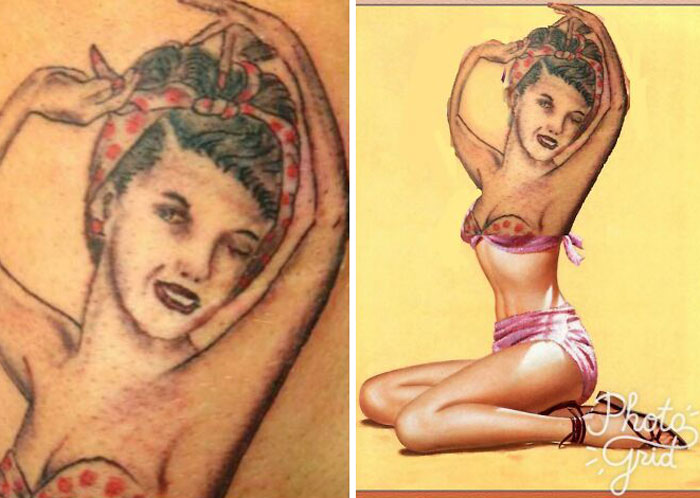 Terrible tattoo comparison: distorted pin-up girl tattoo beside the original vibrant illustration.