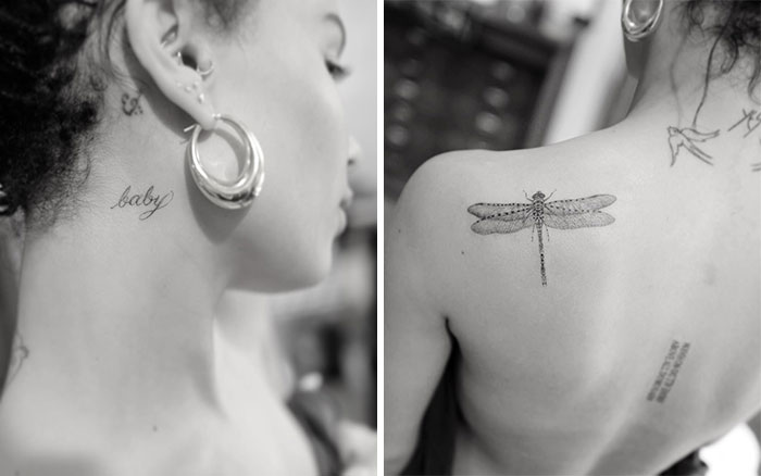 Celebrity tattoos featuring "baby" on neck and a dragonfly on shoulder.