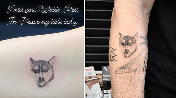 Celebrity tattoos featuring a realistic dog design and a heartfelt message in memory of a pet.