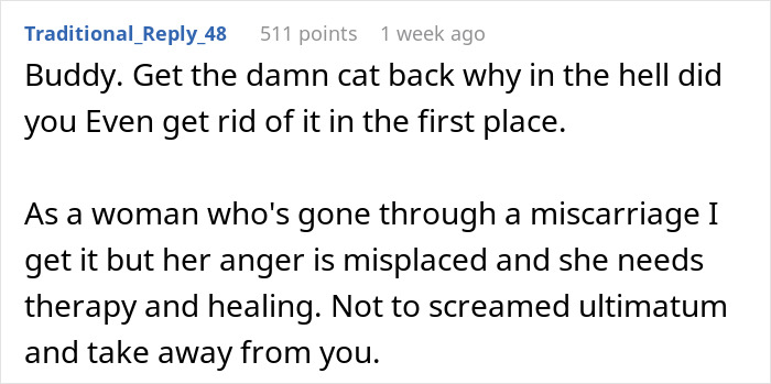 "Her Or The Cat": Man Asks For Advice After Wife Who Went Through Stillbirth Refuses To Allow His Beloved Pet Back In The House