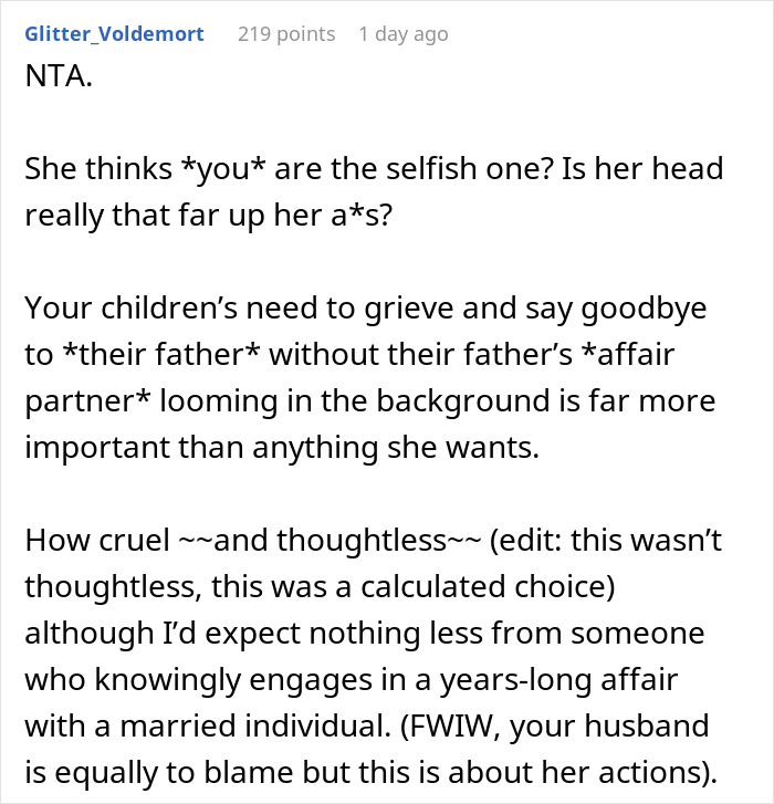&ldquo;AITA For Not Allowing My Late Husband&rsquo;s Affair Partner To Come To His Funeral?&rdquo;