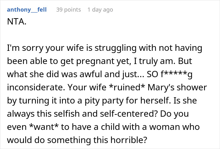 Man Asks If He's A Jerk For Calling Out Wife After She Ruined Her Friend's Baby Shower Man Asks If He's A Jerk For Calling Out Wife After She Ruined Her Friend's Baby Shower