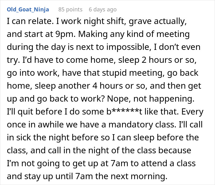&ldquo;No One Thinks About The Night Crew&rdquo;: Worker Who Starts Shift At 4 PM Finds A Way To Maliciously Comply And Not Attend 10 AM Meetings