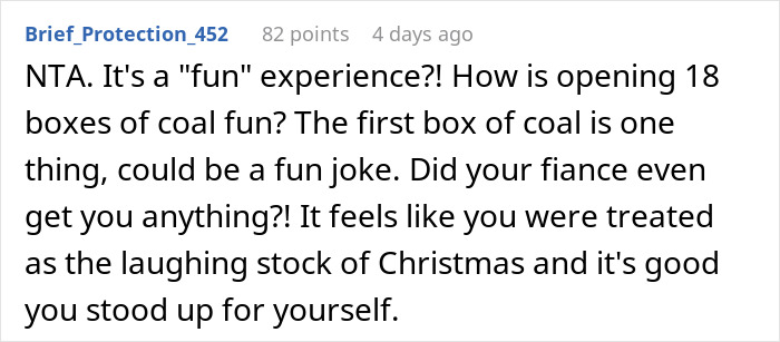Person Goes To Celebrate Christmas With Fianc&eacute;'s Family For The First Time, Loses It After Getting 18 Pieces Of Coal As Gifts