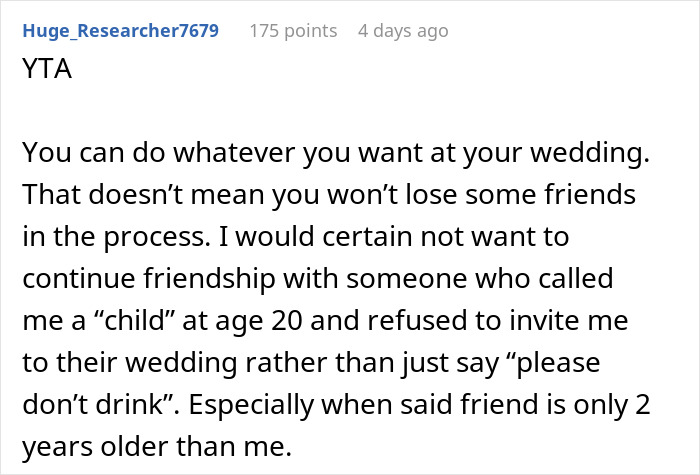 Bride Asks If She's A Jerk To Exclude Her Friend Who's 2 Years Younger From Her "Childfree Wedding", Gets A Reality Check