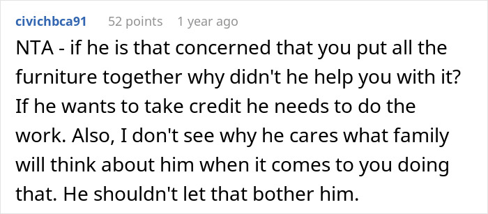 Wife Builds And Sets Up Furniture All By Herself, Husband Has A Problem With Her Taking Credit For It