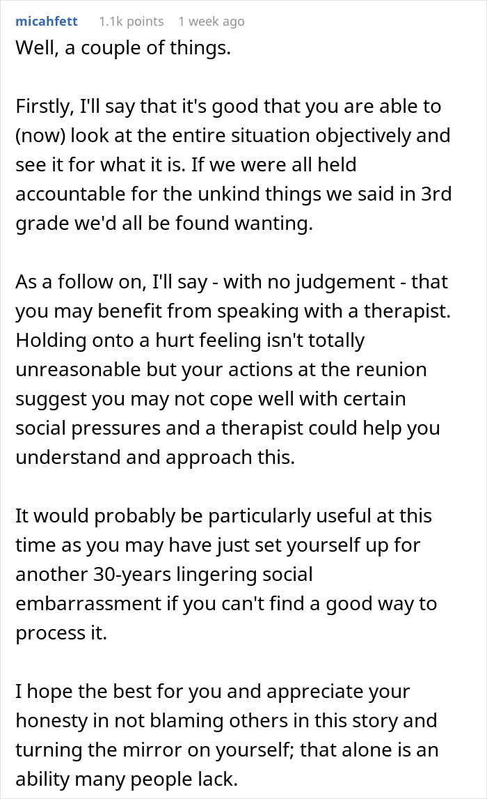 Person Shares How They Held A Grudge Against A Bully For Calling Them "Carrot Boy" Only To Embarrass Themself 29 Years Later At A Class Reunion