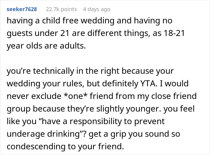 Bride Asks If She's A Jerk To Exclude Her Friend Who's 2 Years Younger From Her "Childfree Wedding", Gets A Reality Check