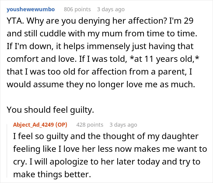 Mom Tells Her 11 Y.O. Daughter That She&rsquo;s &ldquo;Too Old&rdquo; To Cuddle, The Girl Stops Talking To Her Unless Asked