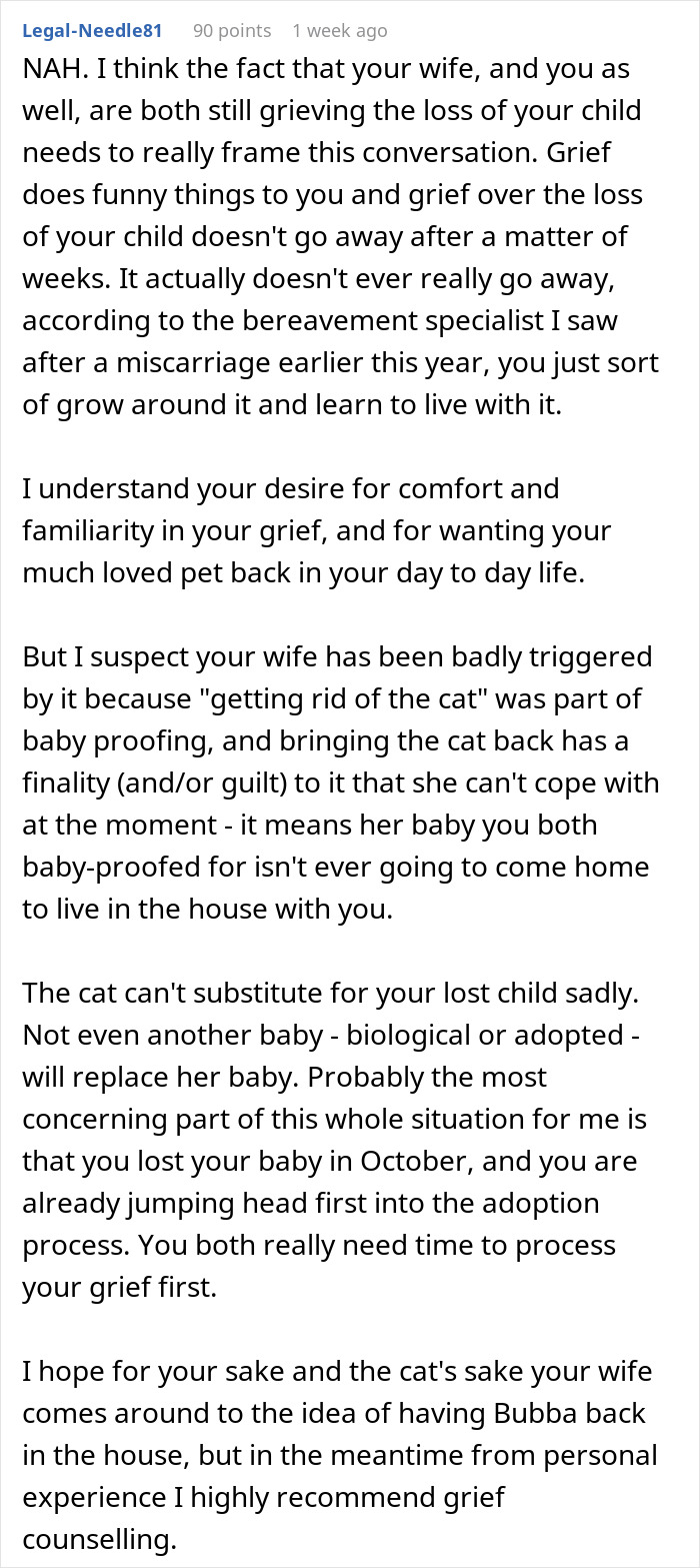 "Her Or The Cat": Man Asks For Advice After Wife Who Went Through Stillbirth Refuses To Allow His Beloved Pet Back In The House