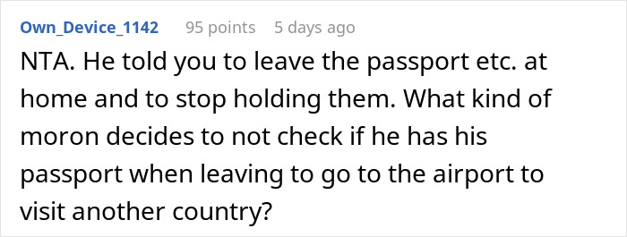 Person Boards Flight Without Their Boyfriend After He Forgets His Passport, Despite Being Reminded, And Blames It On Them