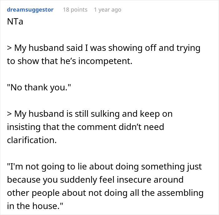 Wife Builds And Sets Up Furniture All By Herself, Husband Has A Problem With Her Taking Credit For It