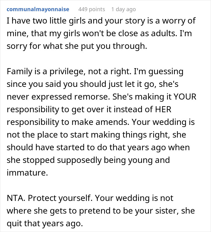 "I Had To Be In Therapy For Years Because Of Her": Woman Gets Told Off By Family For Not Wanting Her Twin Sister To Be Her Bridesmaid "I Had To Be In Therapy For Years Because Of Her": Woman Gets Told Off By Family For Not Wanting Her Twin Sister To Be Her Bridesmaid