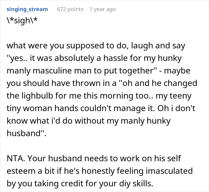 Wife Builds And Sets Up Furniture All By Herself, Husband Has A Problem With Her Taking Credit For It