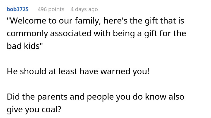 Person Goes To Celebrate Christmas With Fianc&eacute;'s Family For The First Time, Loses It After Getting 18 Pieces Of Coal As Gifts